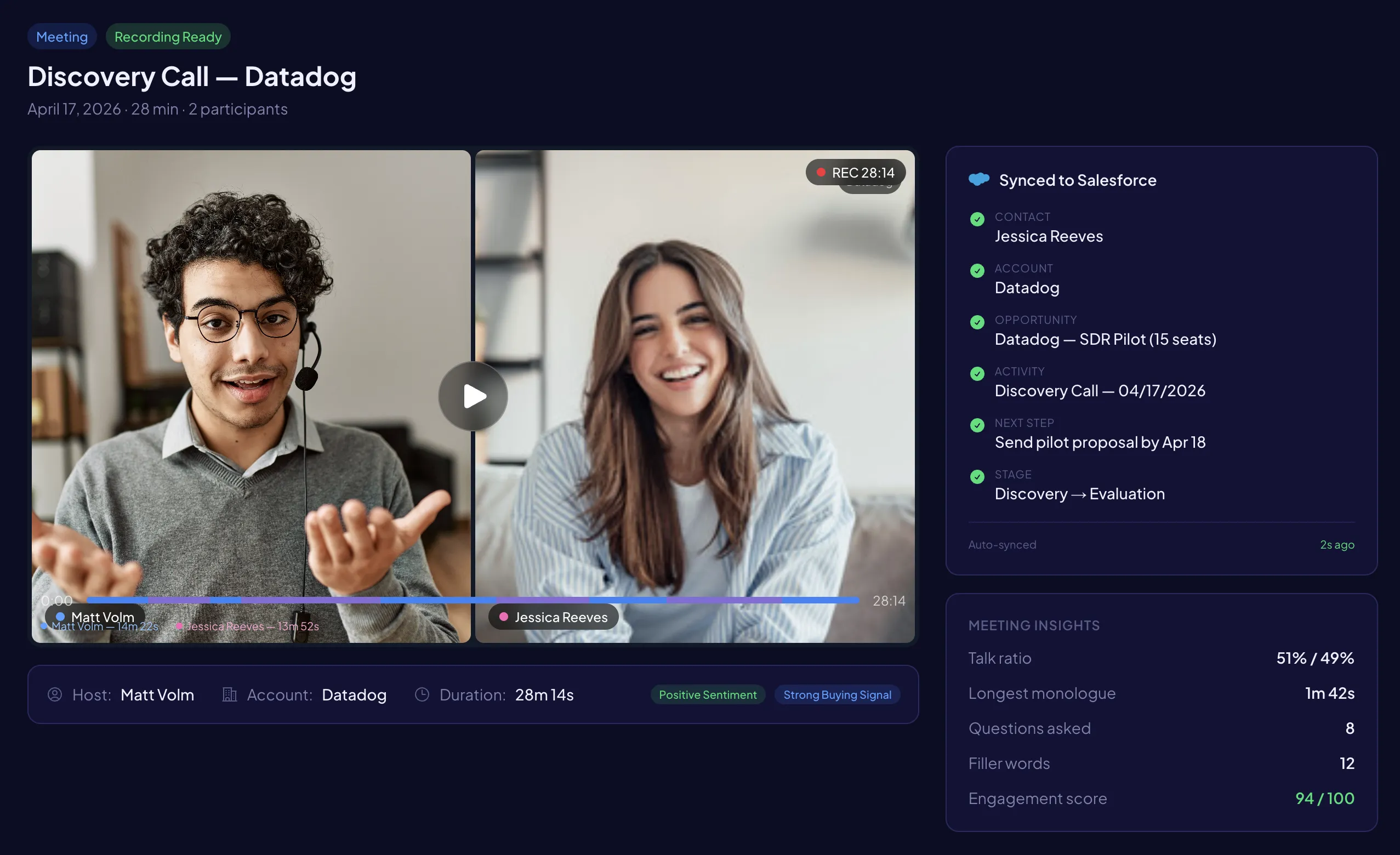 Call recording with transcript, summary, and action items