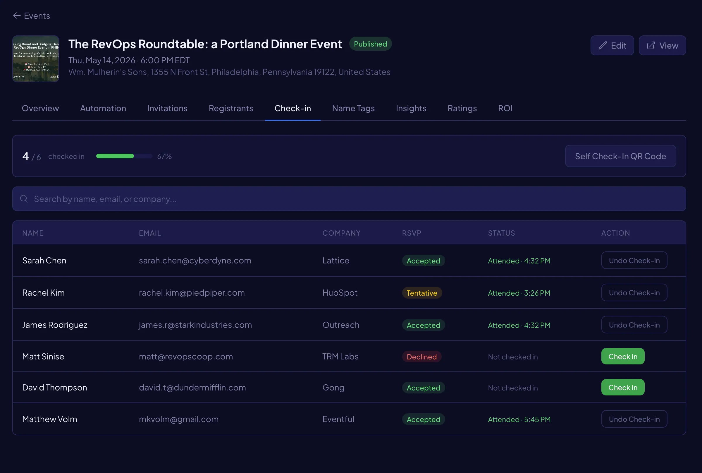 Check-in screen showing attendee list with RSVP statuses