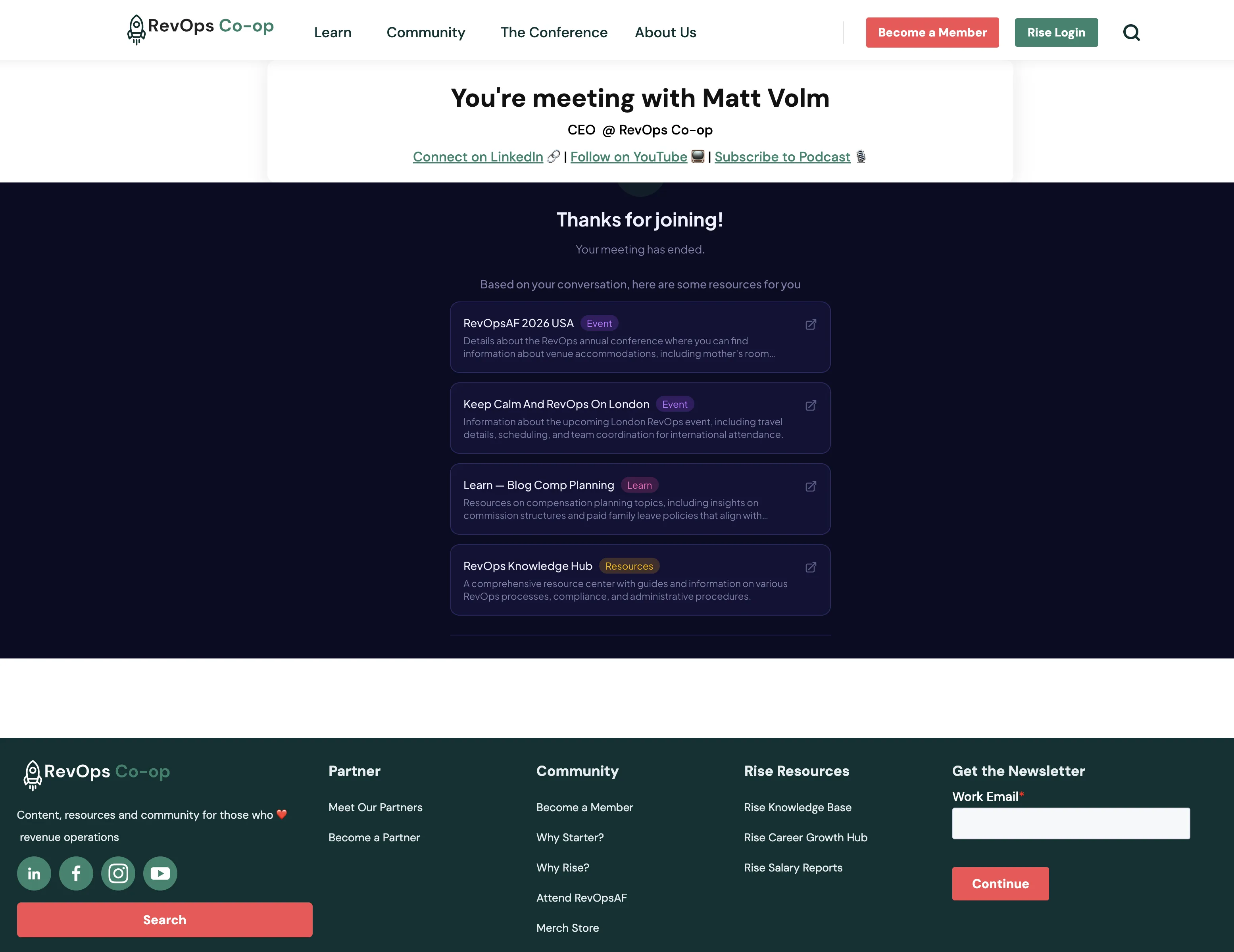 Personalized content recommendations surfaced to a prospect after a meeting on revopscoop.com