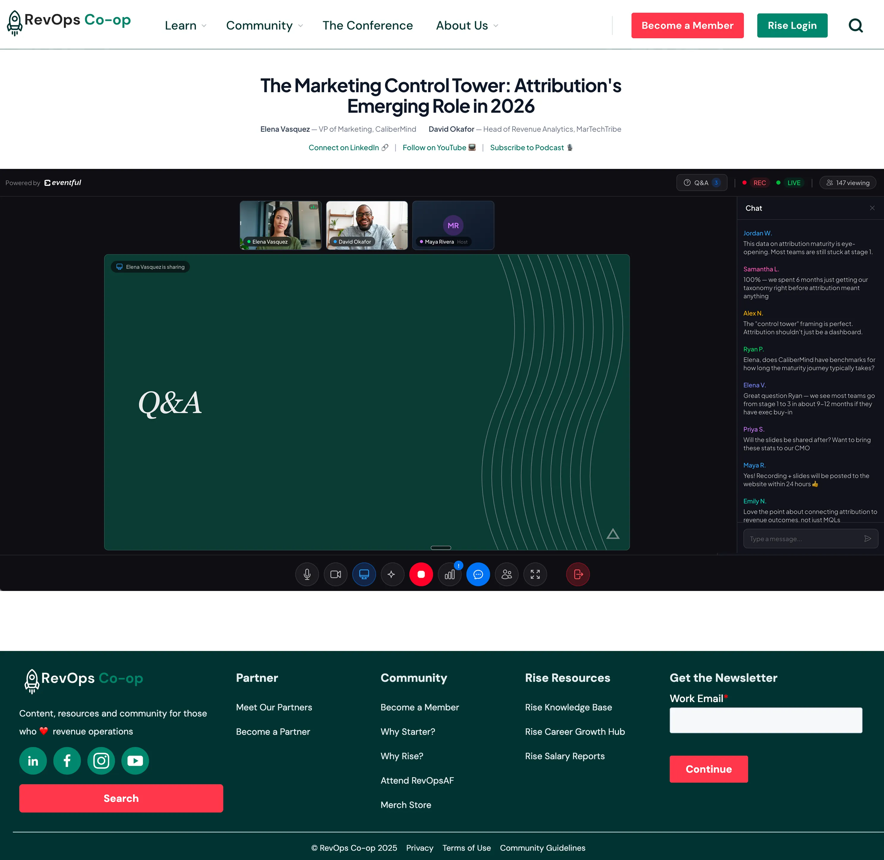 Live webinar hosted on revopscoop.com with speakers, chat, and 147 viewers