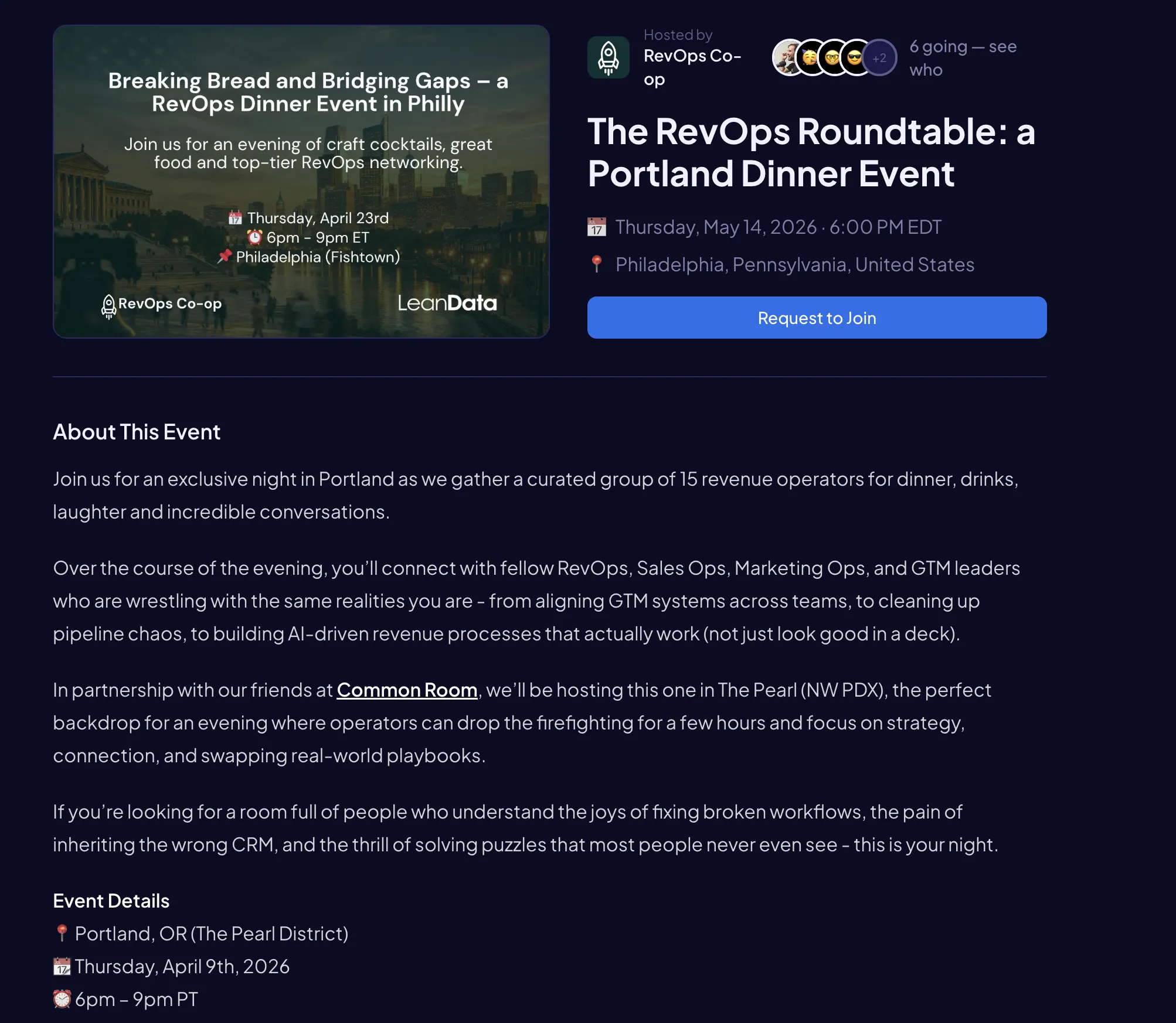 Event registration page published on a customer website