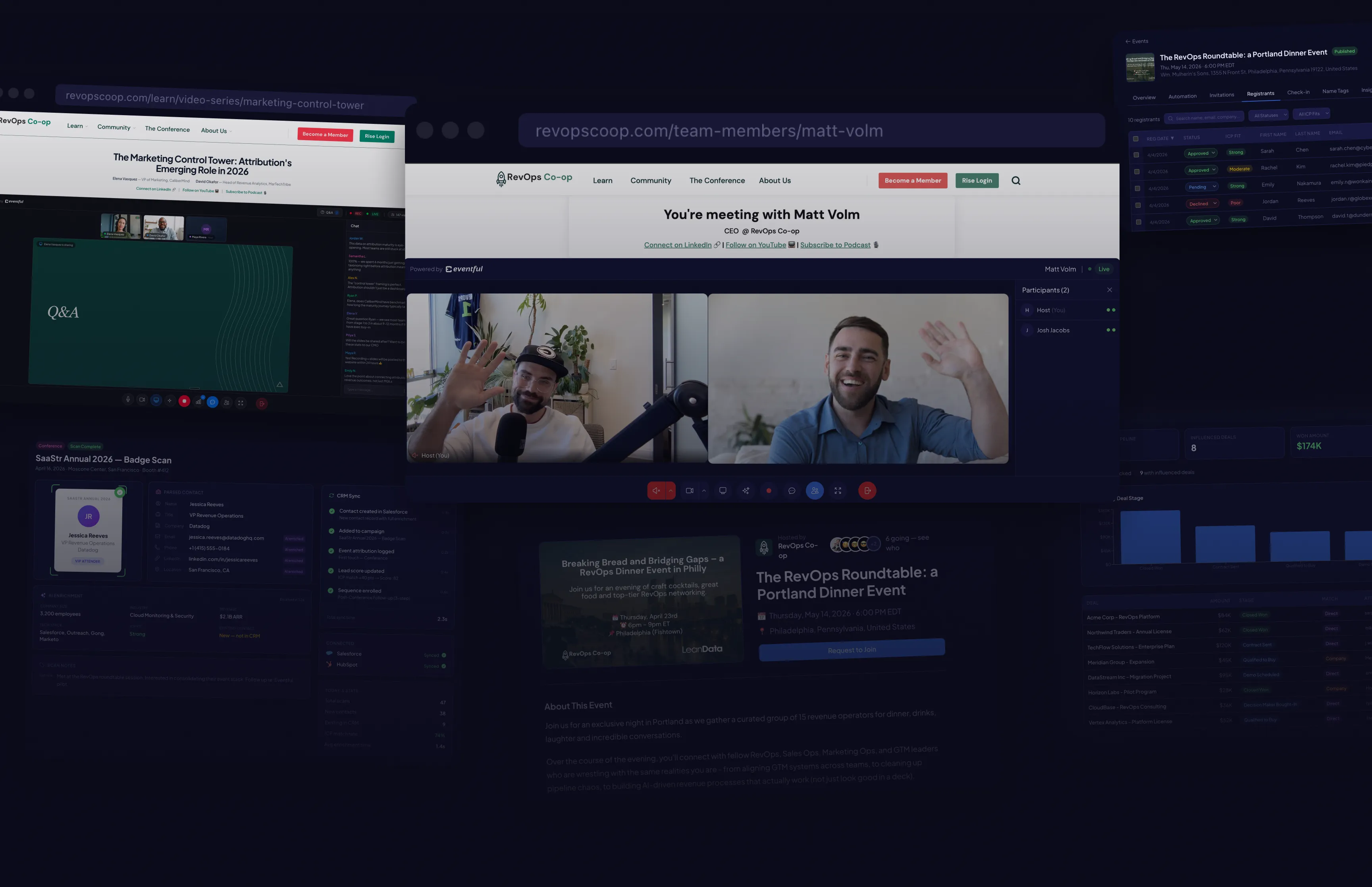 Eventful product showcase showing meetings, webinars, badge scanning, event registration, and pipeline influence