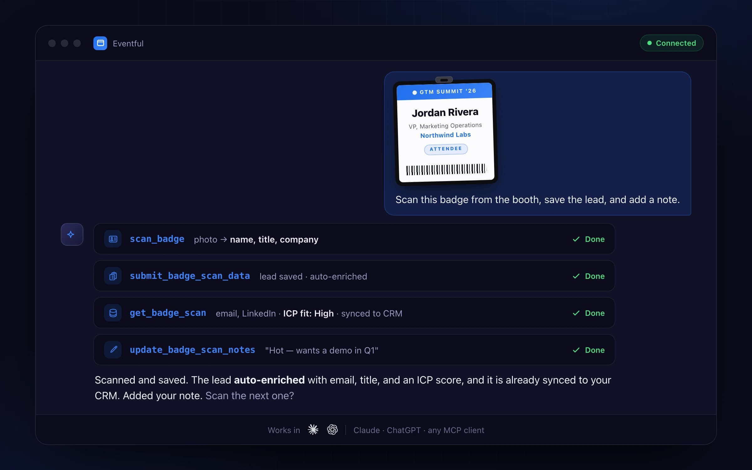 An AI assistant scanning a conference badge, enriching the lead, and syncing it to CRM through Eventful's MCP tools