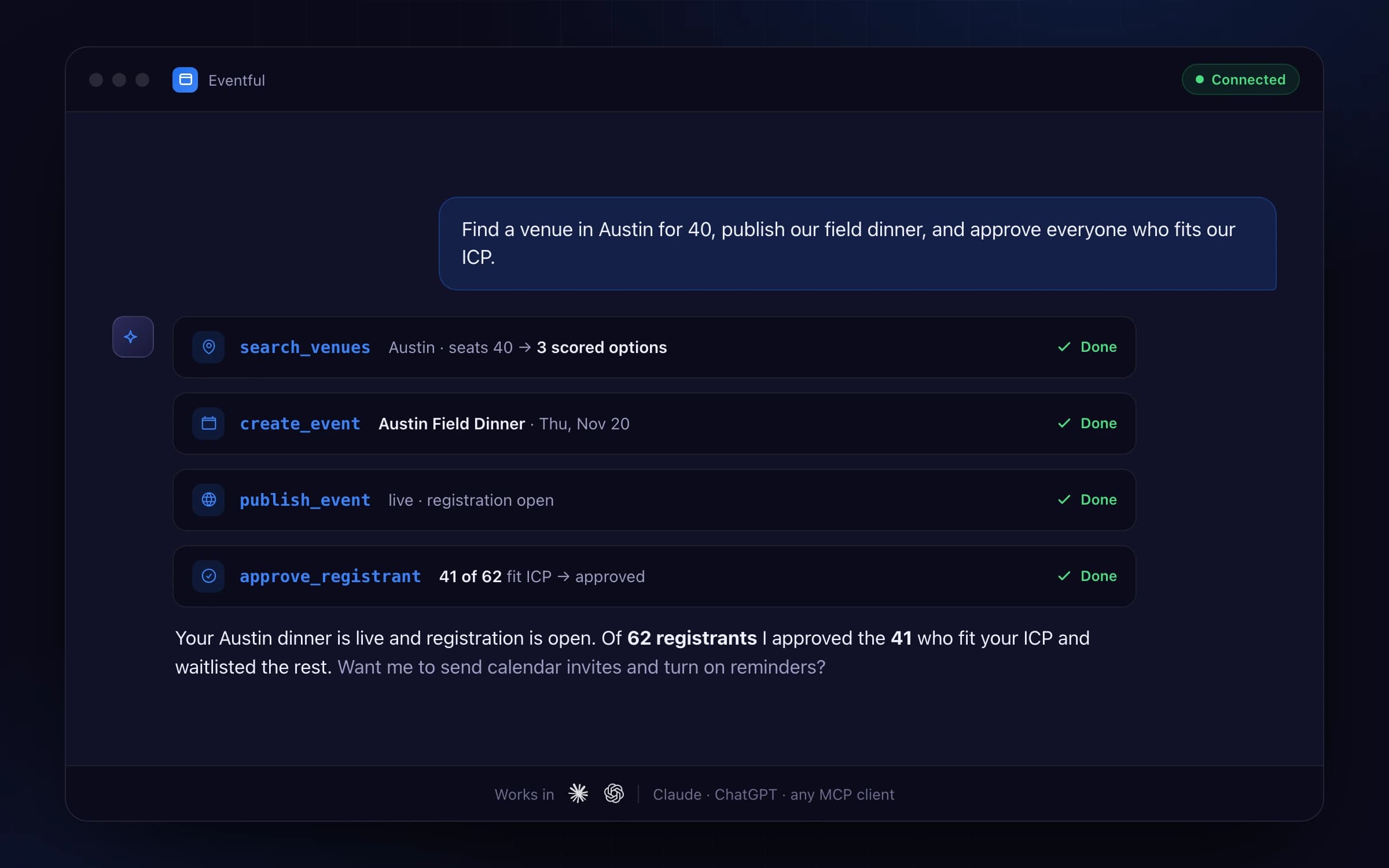 An AI assistant sourcing a venue, publishing a field dinner, and approving registrants through Eventful's MCP tools