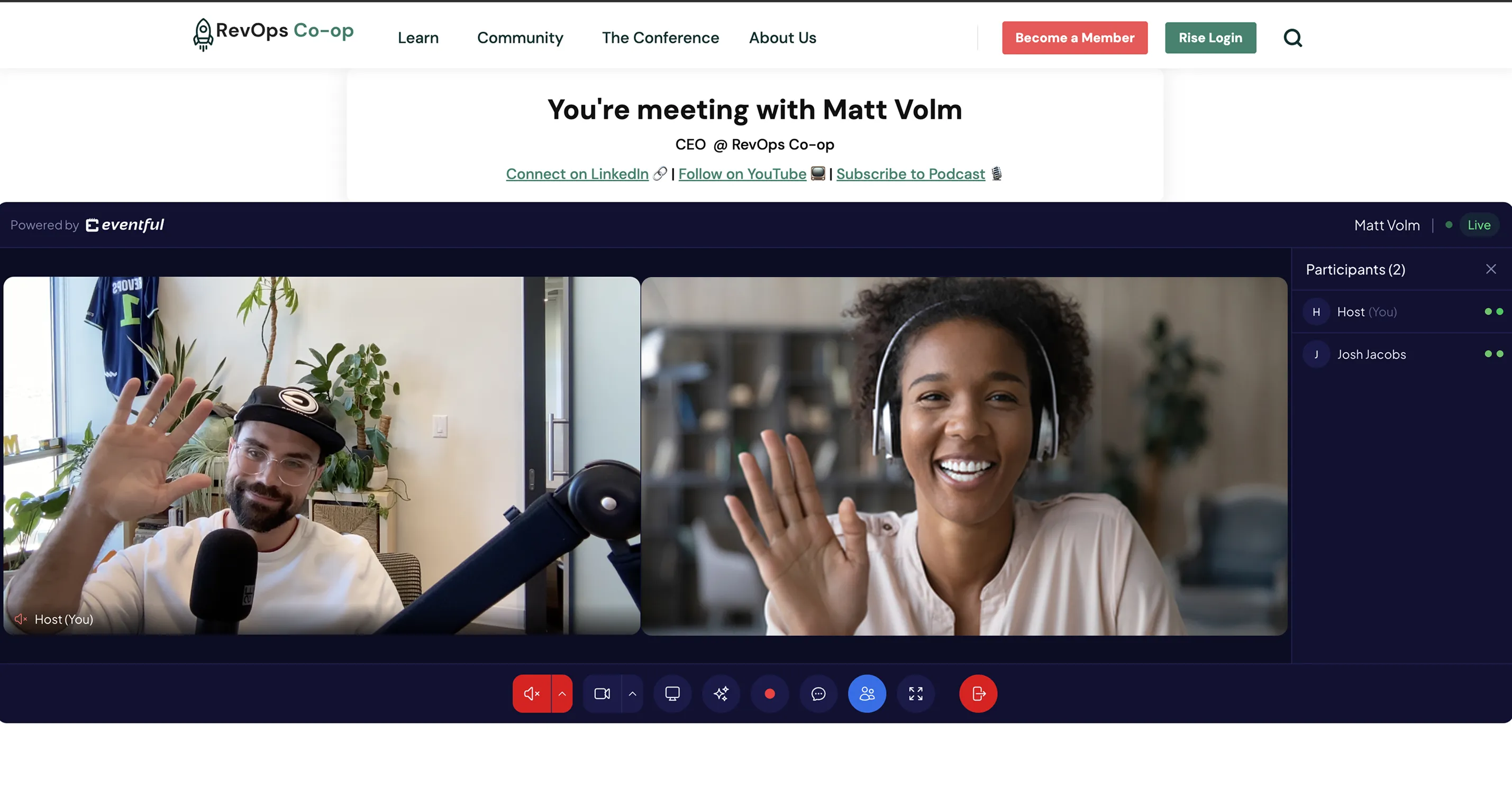 A branded meeting page on revopscoop.com showing a live video call